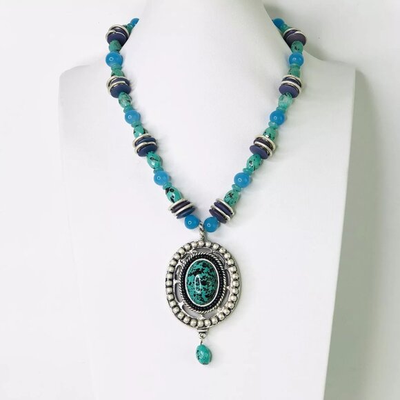 CHICO'S Artisan Turquoise Beads Necklace 17" Oval Drop Pendant Choker Southwest